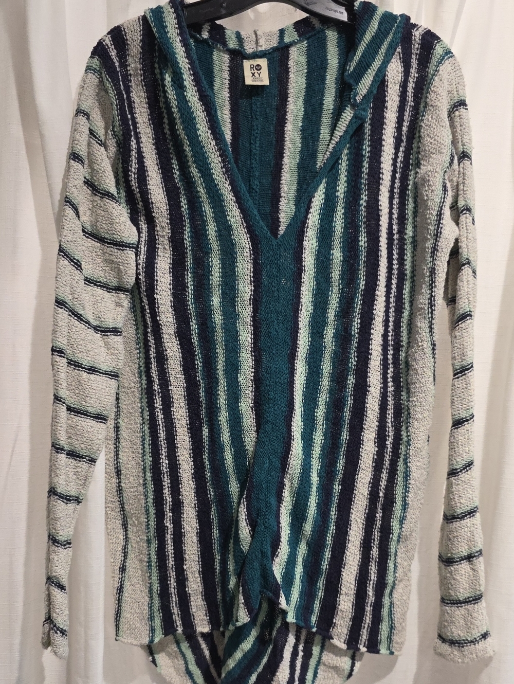 Roxy Teal, Navy & Cream Striped V-Neck Sweater Sz S